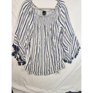 Step In Style Plus 2X White/Blue Striped Scoop Neck Tassel Kimono Blouse Boho